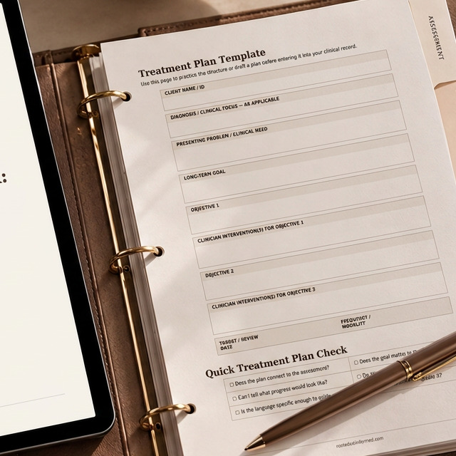 An open binder displaying the toolkit's Treatment Plan Template page, with a pen resting beside it on a warm desk