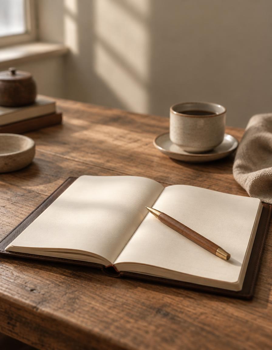 An open journal and wooden pen on a warm wooden desk with coffee in soft daylight