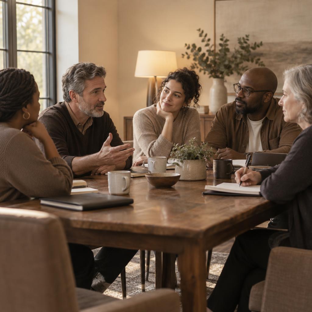 A group of clinicians seated around a warm wooden table in conversation, one speaking while another takes notes